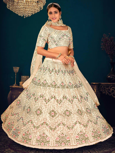 Beige Sequins Embroidered Georgette  Net Wedding Wear Lehenga Choli